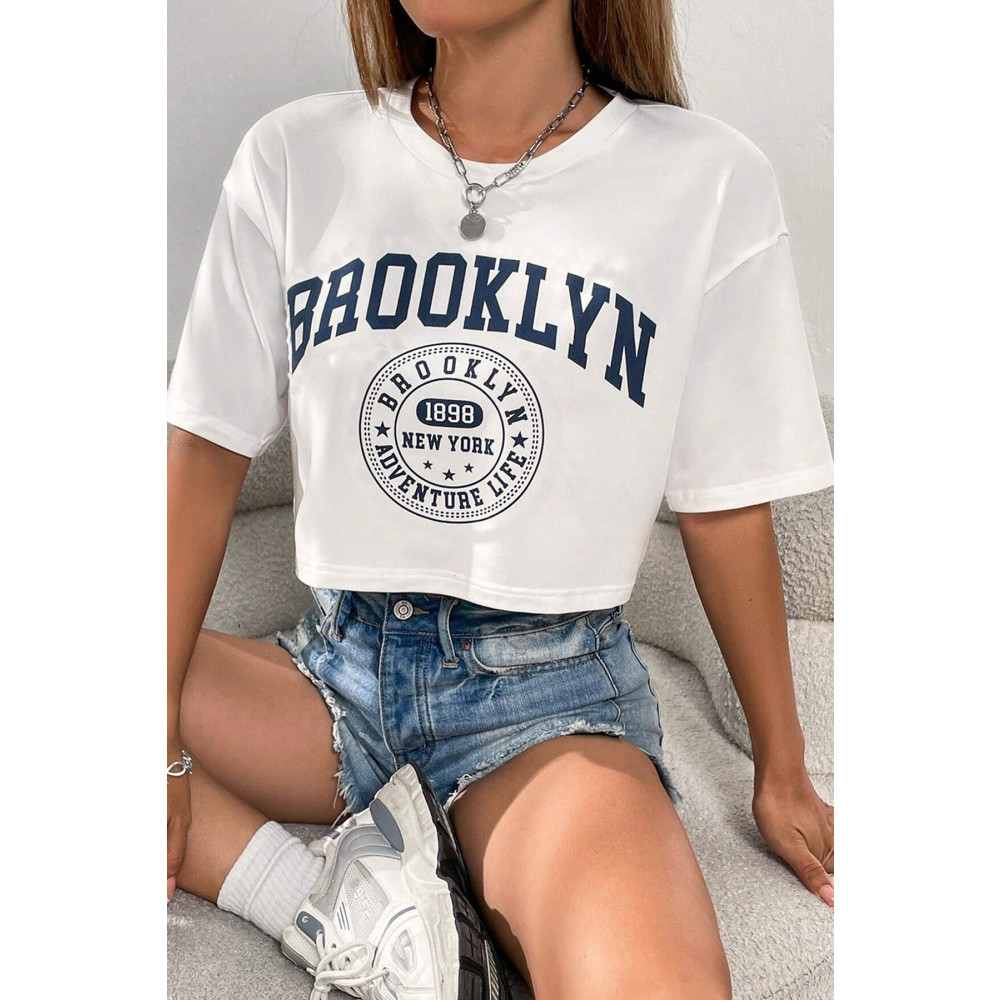 MODAGEN Kadın Oversize Crop T-shirt Beyaz Brooklyn Baskılı M Beden Bayan T-shirt Fiyatı