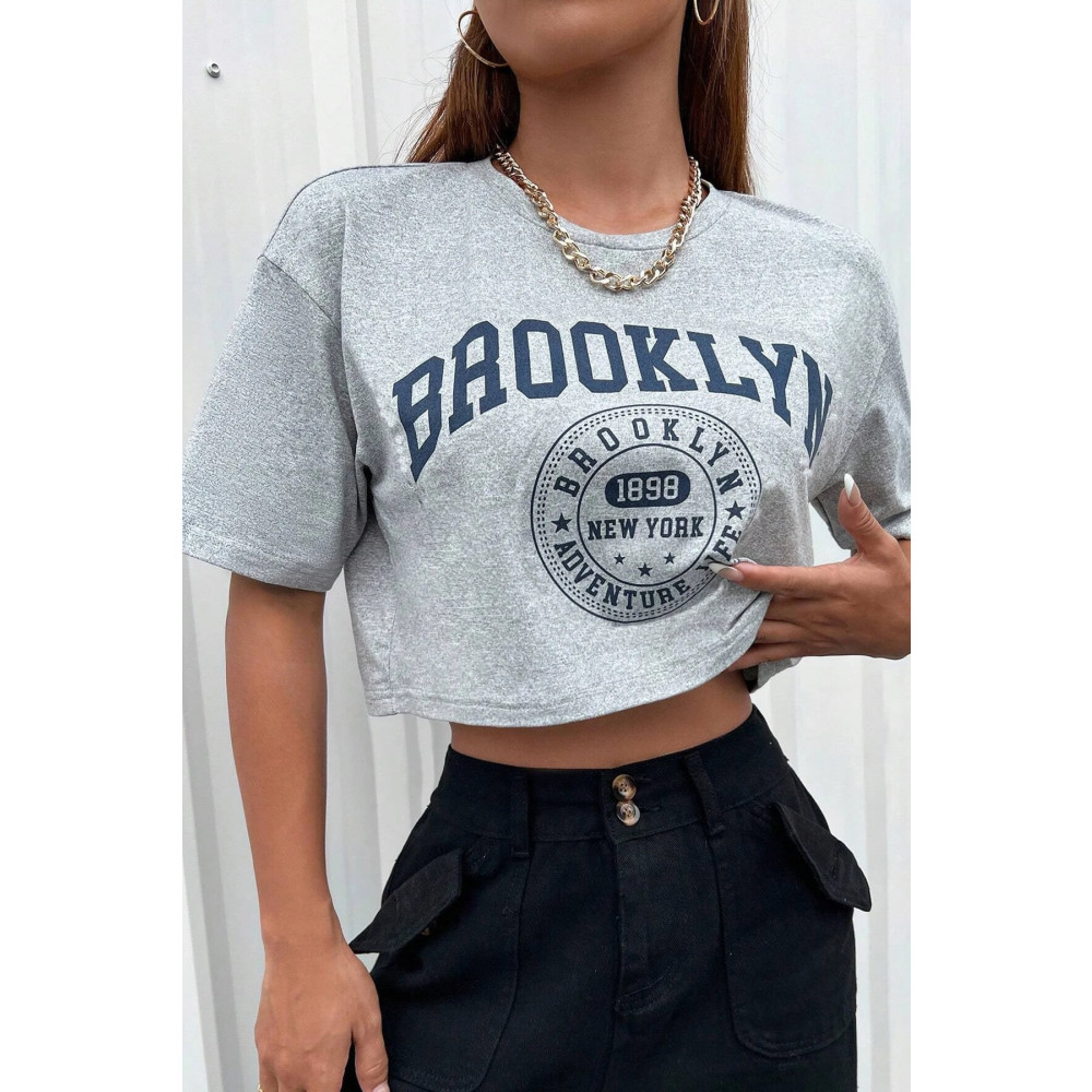 MODAGEN Kadın Oversize Crop T-shirt Gri Brooklyn Baskılı S Beden Bayan T-shirt Fiyatı