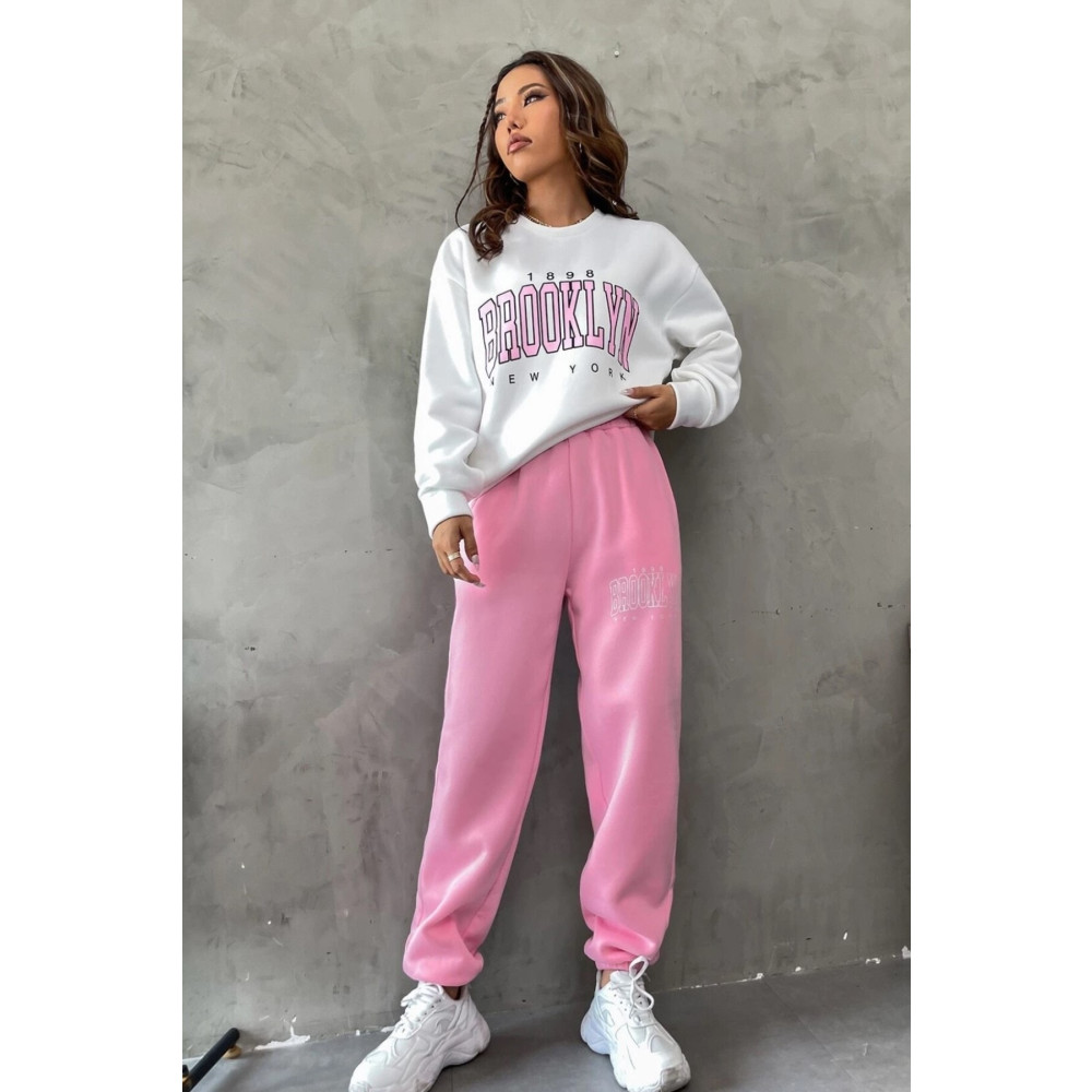 MODAGEN Kadın Pembe Beyaz Brooklyn Baskı Oversize Bisiklet Yaka Alt Üst Eşofman Takımı S Beden Kadın Eşofman Fiyatı