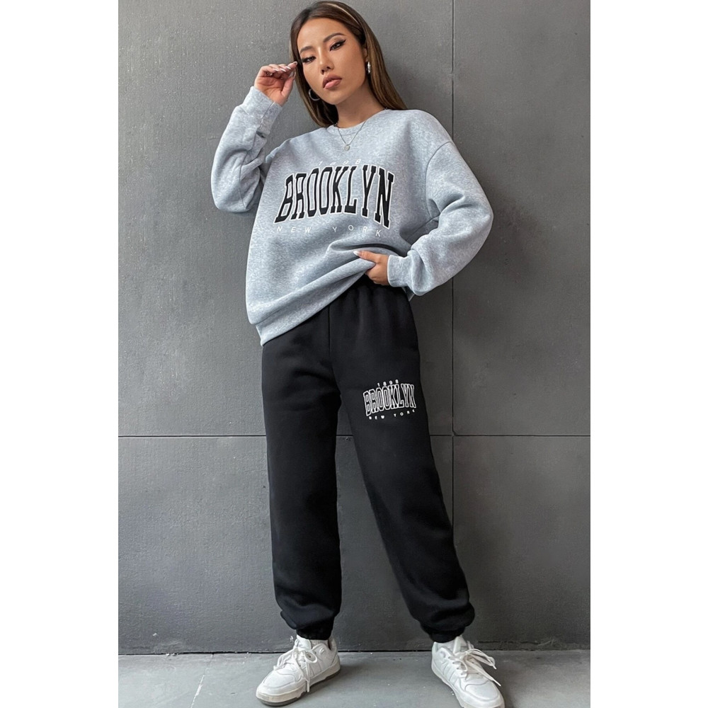 MODAGEN Kadın Siyah Gri Brooklyn Baskı Oversize Bisiklet Yaka Alt Üst Eşofman Takımı M Beden Kadın Eşofman Fiyatı