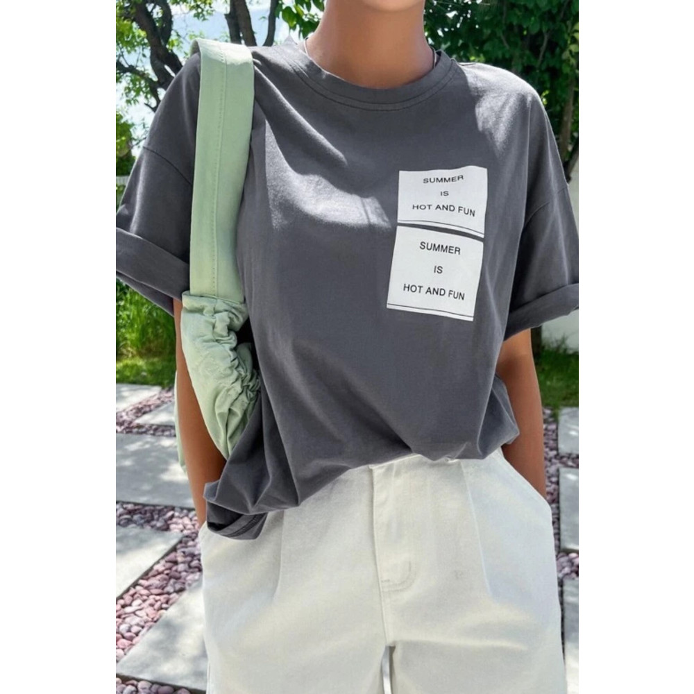 MODAGEN Kadın Taş Gri Summer Baskılı Oversize T-shirt L Beden Bayan T-shirt Fiyatı