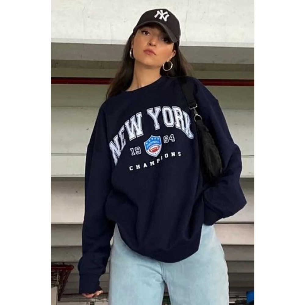 MODAGEN Lacivert New York Baskılı Bisiklet Yaka Oversize Sweatshirt XL Beden Bayan Sweatshirt Fiyatı