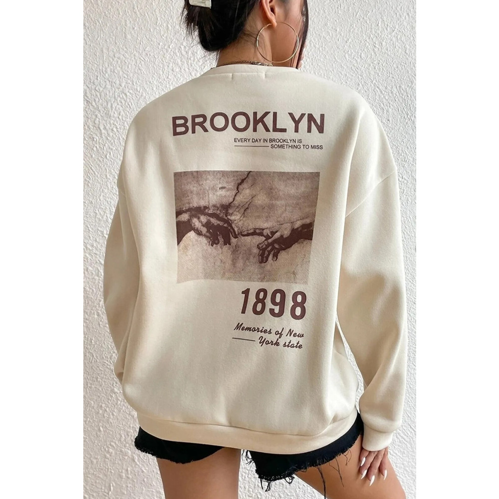 MODAGEN Unisex Bej Brooklyn 1898 Baskılı Bisiklet Yaka Oversize Sweatshirt L Beden Bayan Sweatshirt Fiyatı