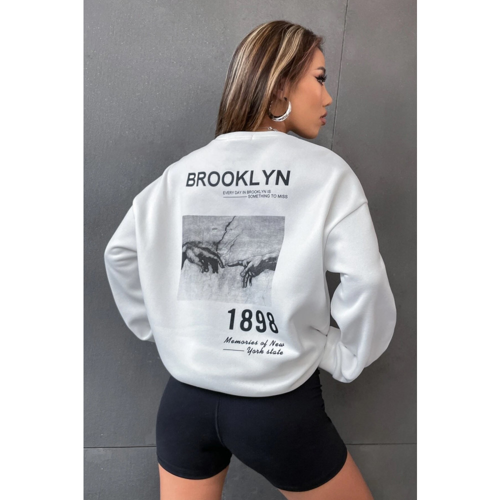 MODAGEN Unisex Beyaz Brooklyn 1898 Baskılı Bisiklet Yaka Oversize Sweatshirt XL Beden Bayan Sweatshirt Fiyatı