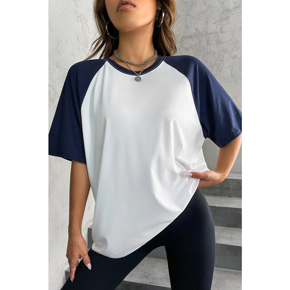 MODAGEN Unisex Beyaz Kolları Lacivert Oversize T-shirt XL Beden Bayan T-shirt Fiyatı
