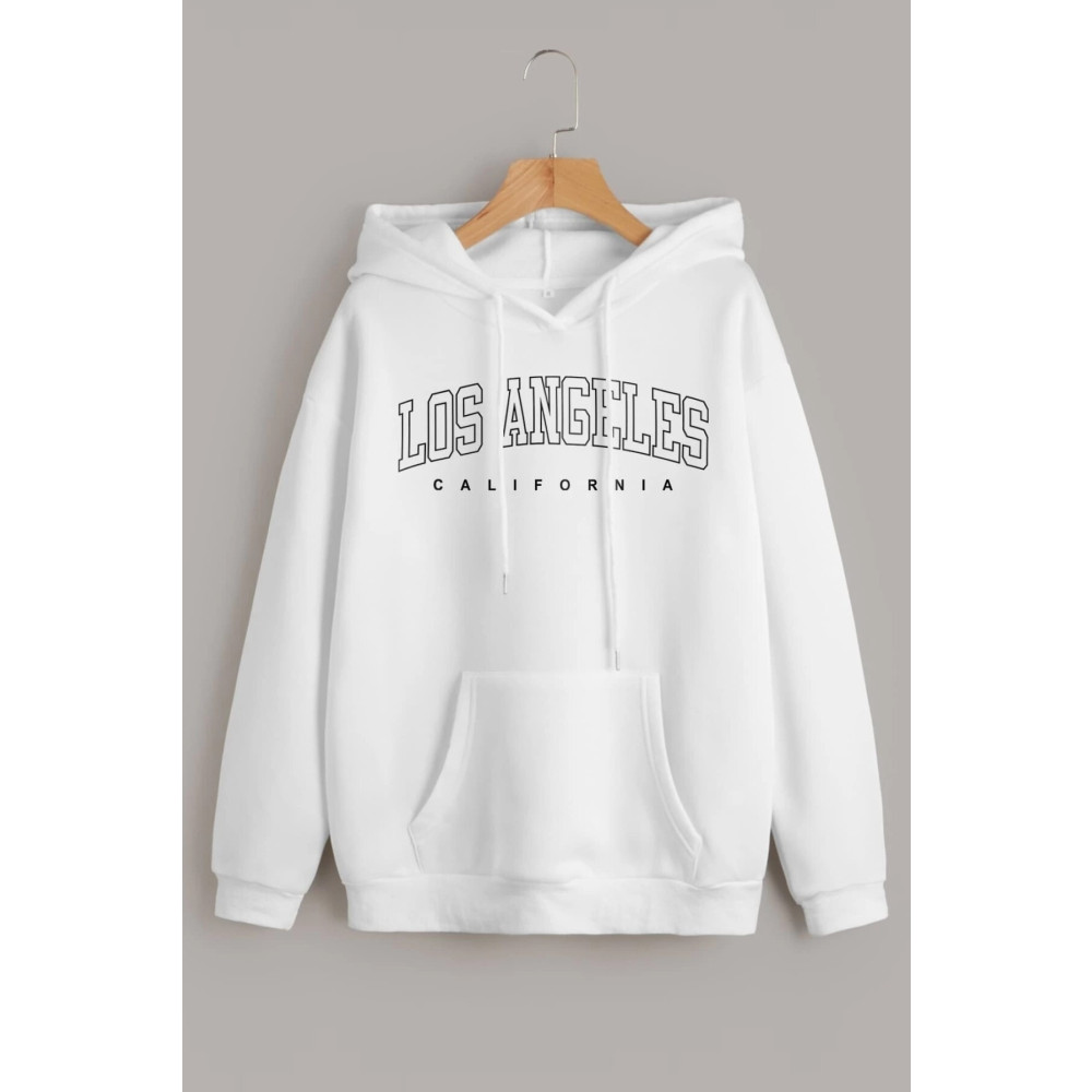 MODAGEN Unisex Beyaz Los Angeles Baskılı Kapüşonlu Oversize Sweatshirt Hoodie L Beden Bayan Sweatshirt Fiyatı