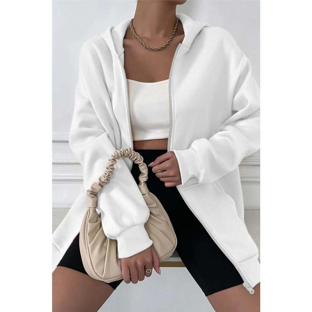 MODAGEN Unisex Beyaz Pamuk Fermuarlı Oversize Hırka M Beden Bayan Sweatshirt Fiyatı