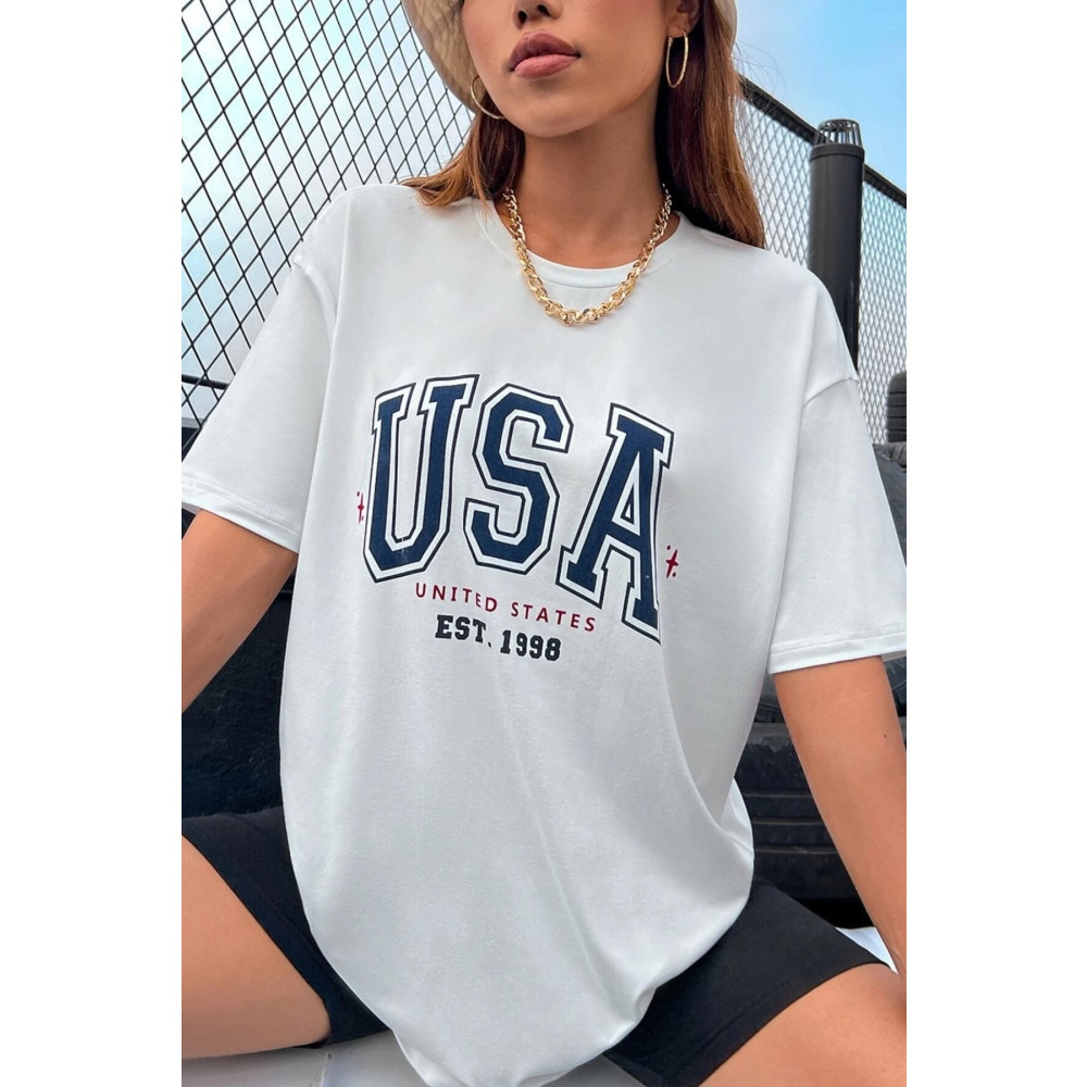MODAGEN Unisex Beyaz Usa United Baskılı Oversize T-shirt L Beden Bayan T-shirt Fiyatı