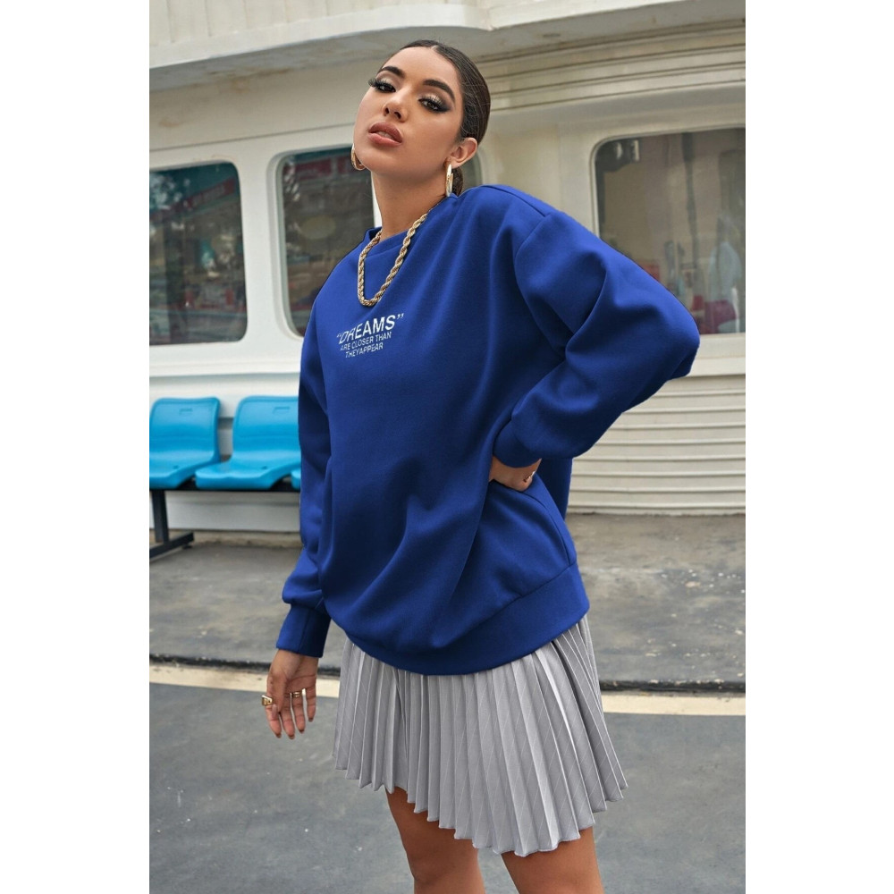 MODAGEN Unisex Bisiklet Yaka Dreams Baskılı Sax Mavi Oversize Sweatshirt M Beden Bayan Sweatshirt Fiyatı