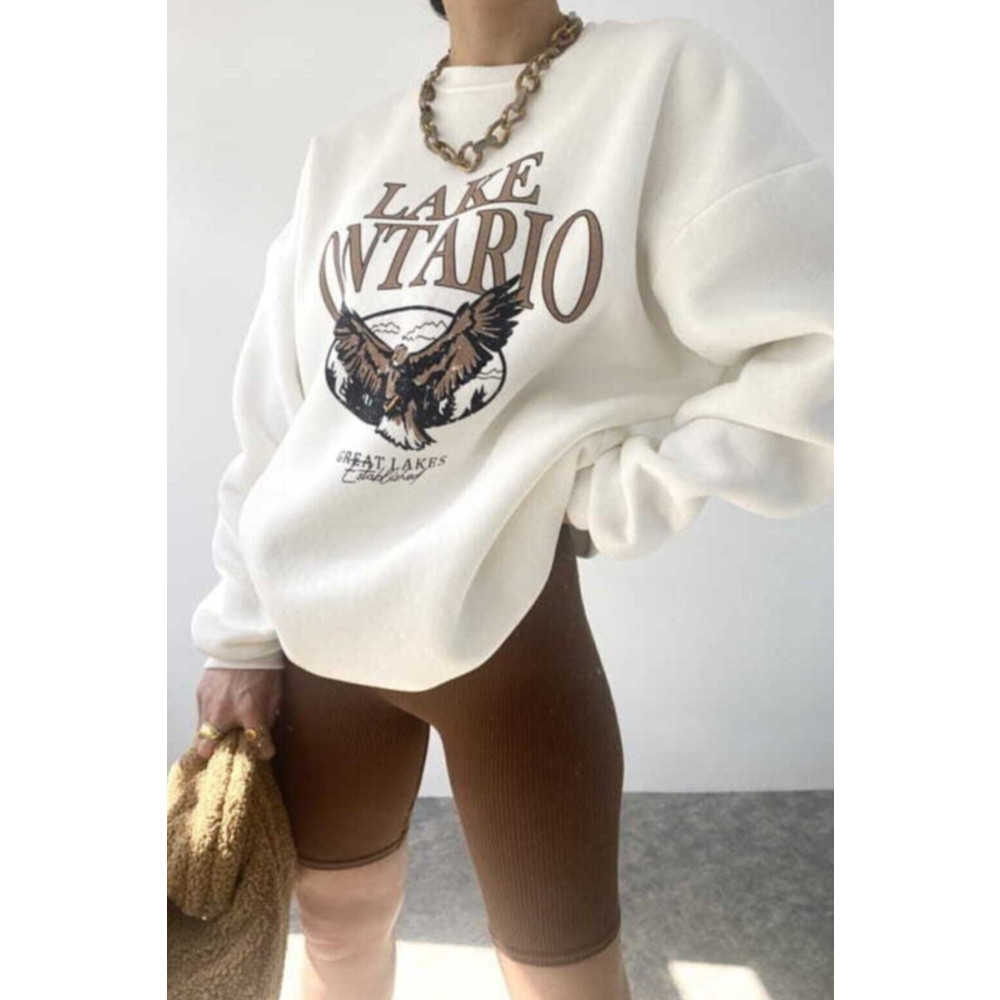 MODAGEN Unisex Bisiklet Yaka Lake Ontarıo Baskılı Beyaz Sweatshirt S Beden Bayan Sweatshirt Fiyatı