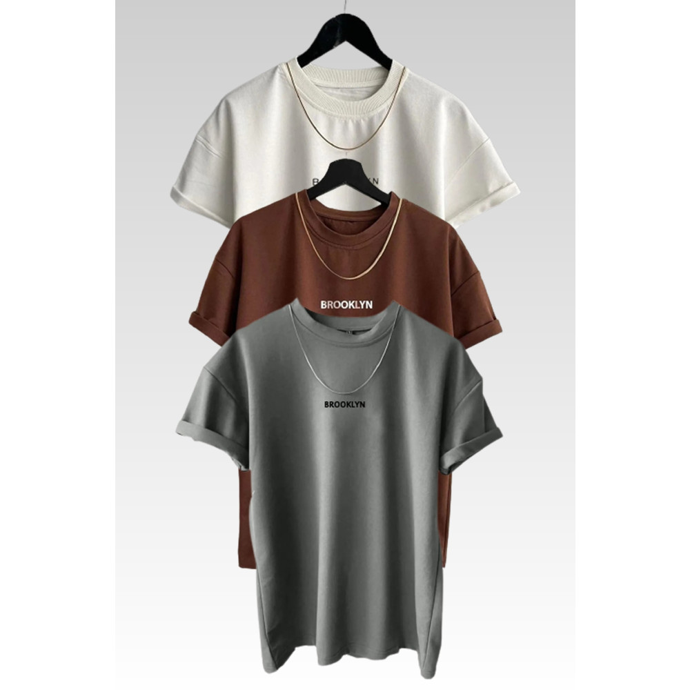 MODAGEN Unisex Brooklyn Baskılı 3lü Paket Kahve-gri-beyaz T-shirt M Beden Bayan T-shirt Fiyatı