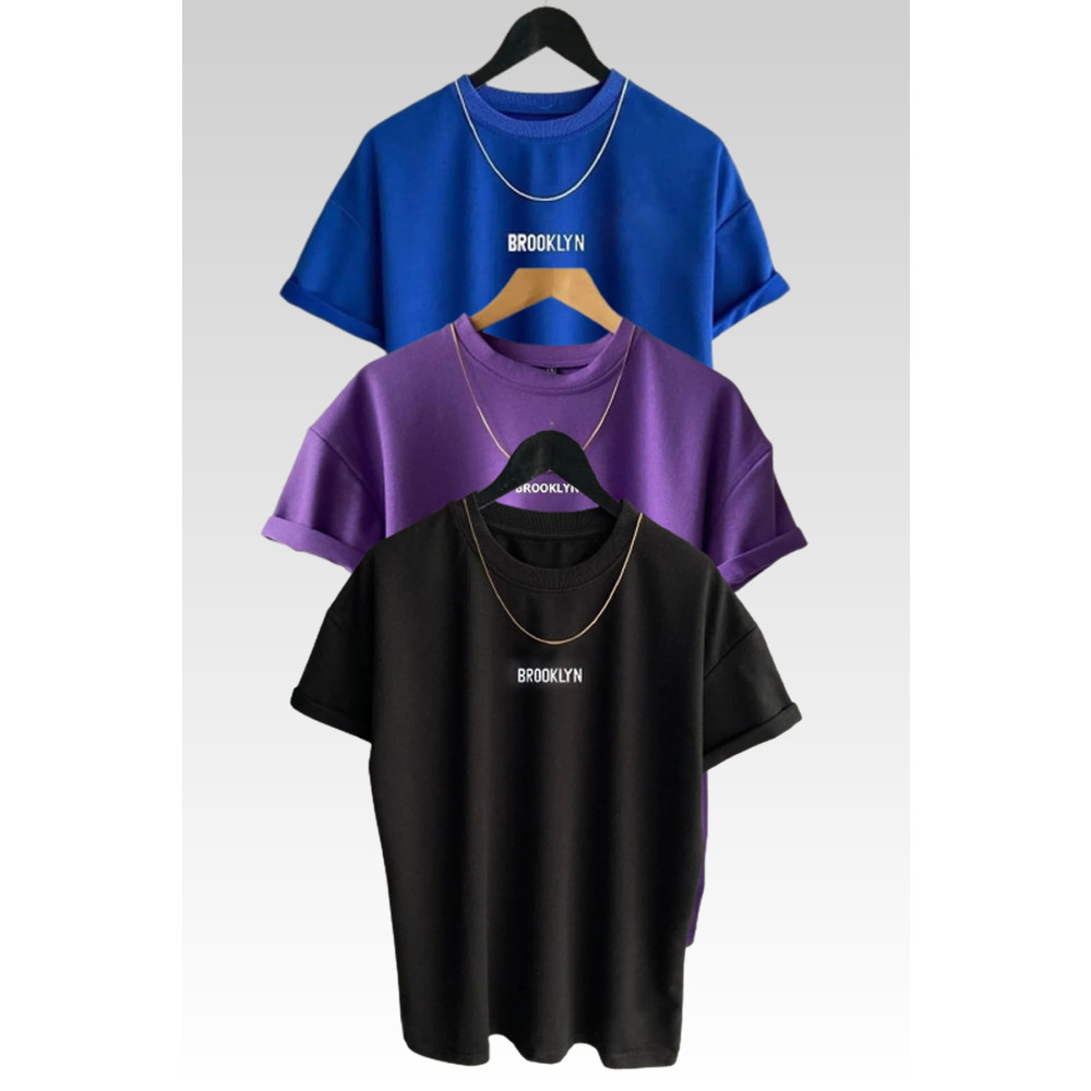 MODAGEN Unisex Brooklyn Baskılı 3lü Paket Siyah-mavi-mor T-shirt S Beden Bayan T-shirt Fiyatı