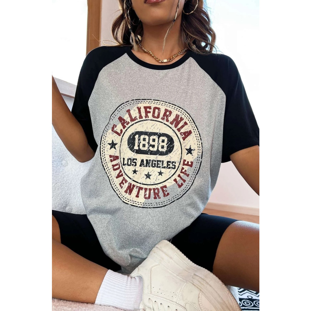 MODAGEN Unisex Gri Kolları Lacivert California Baskılı Oversize T-shirt M Beden Bayan T-shirt Fiyatı