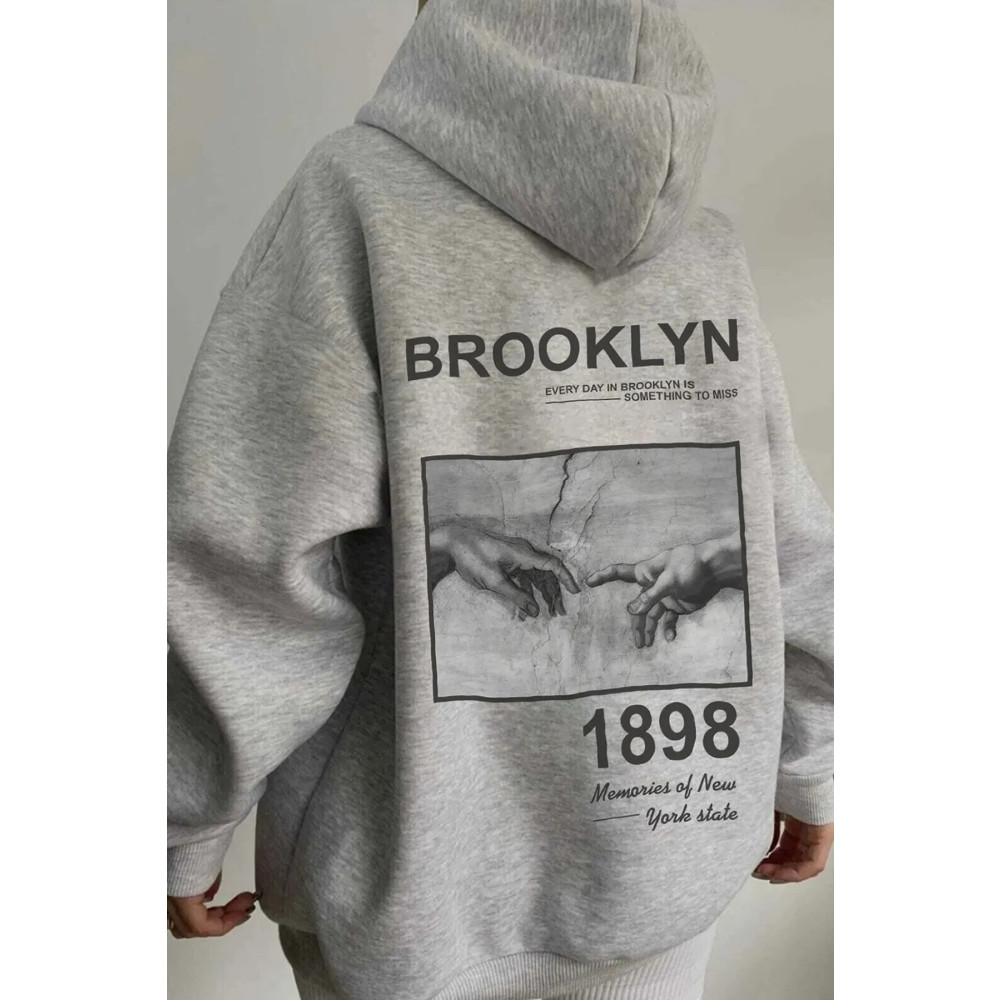 MODAGEN Unisex Gri Oversize Brooklyn Baskılı Hoodie Sweatshirt M Beden Bayan Sweatshirt Fiyatı