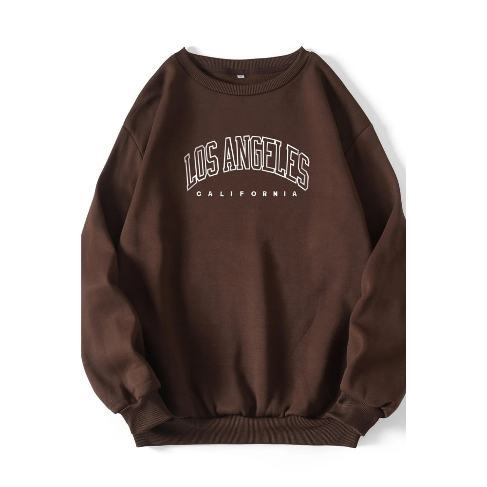 MODAGEN Unisex Kahverengi Los Angeles Baskılı Bisiklet Yaka Oversize Sweatshirt XL Beden Bayan Sweatshirt Fiyatı
