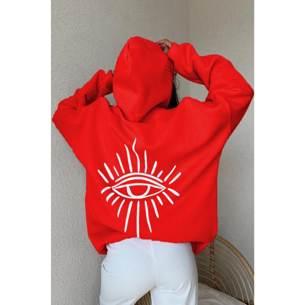 MODAGEN Unisex Kırmızı 3 İplik Göz Baskılı Oversize Kapüşonlu Sweatshirt XL Beden Bayan Sweatshirt Fiyatı