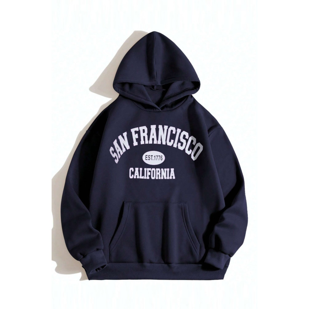 MODAGEN Unisex Lacivert San Francisco Baskılı Oversize Kapşonlu Sweatshirt XL Beden Bayan Sweatshirt Fiyatı