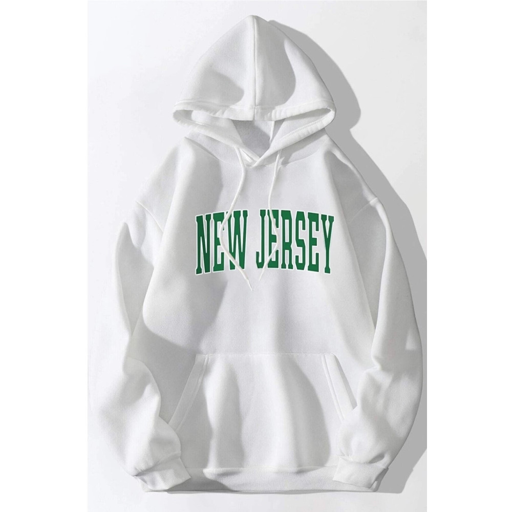 MODAGEN Unisex Oversize Beyaz New Jersey Baskılı Kapüşonlu Sweatshirt M Beden Bayan Sweatshirt Fiyatı