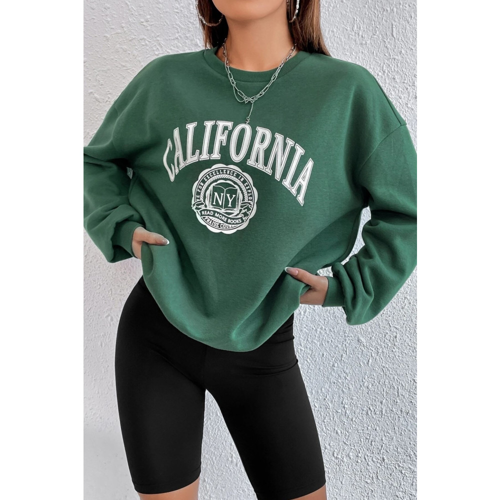 MODAGEN Unisex Yeşil California Baskılı Bisiklet Yaka Oversize Sweatshirt XL Beden Bayan Sweatshirt Fiyatı