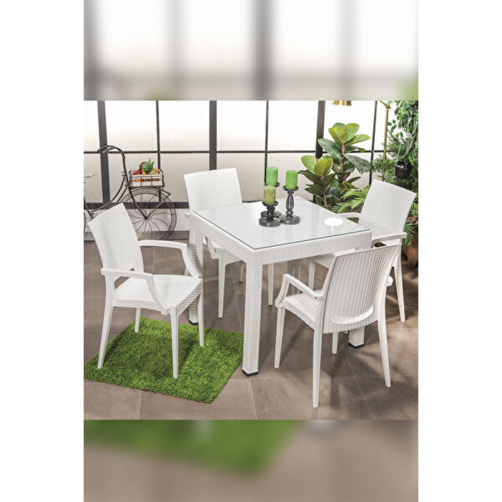 ModaLife Rattan Small Lüx Camlı Beyaz Masa Takımı Bahçe&balkon 1 Camlı Masa + 4 Sandalye - Renkli Bahçe Mobilyası Takımı Fiyatı