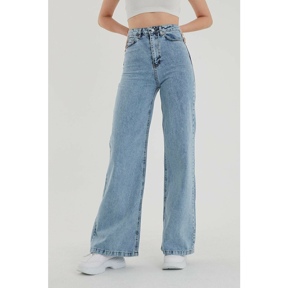 MODALİN Kadın Mavi Kar Yıkamalı Salaş Geniş Paça Jean 33 Beden Bayan Jeans / Kot Pantolon Fiyatı