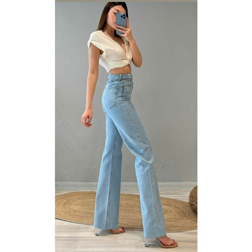 MODALİN Libby Mavi Kar Yıkama Yüksek Bel Bol Paça Denim Kot Pantolon- Geniş Paça 29 Beden Kadın Pantolon Fiyatı