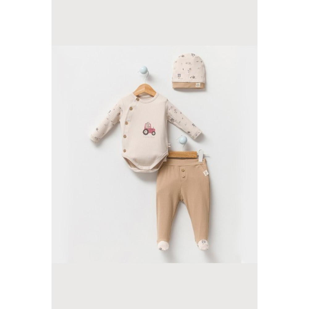 Modam Bebek By Bubbles Çiftçi Desenli 3'lü Kruvaze Erkek Bebek Takım Fitilli Kumaş Bebek Giysi Takım Fiyatı