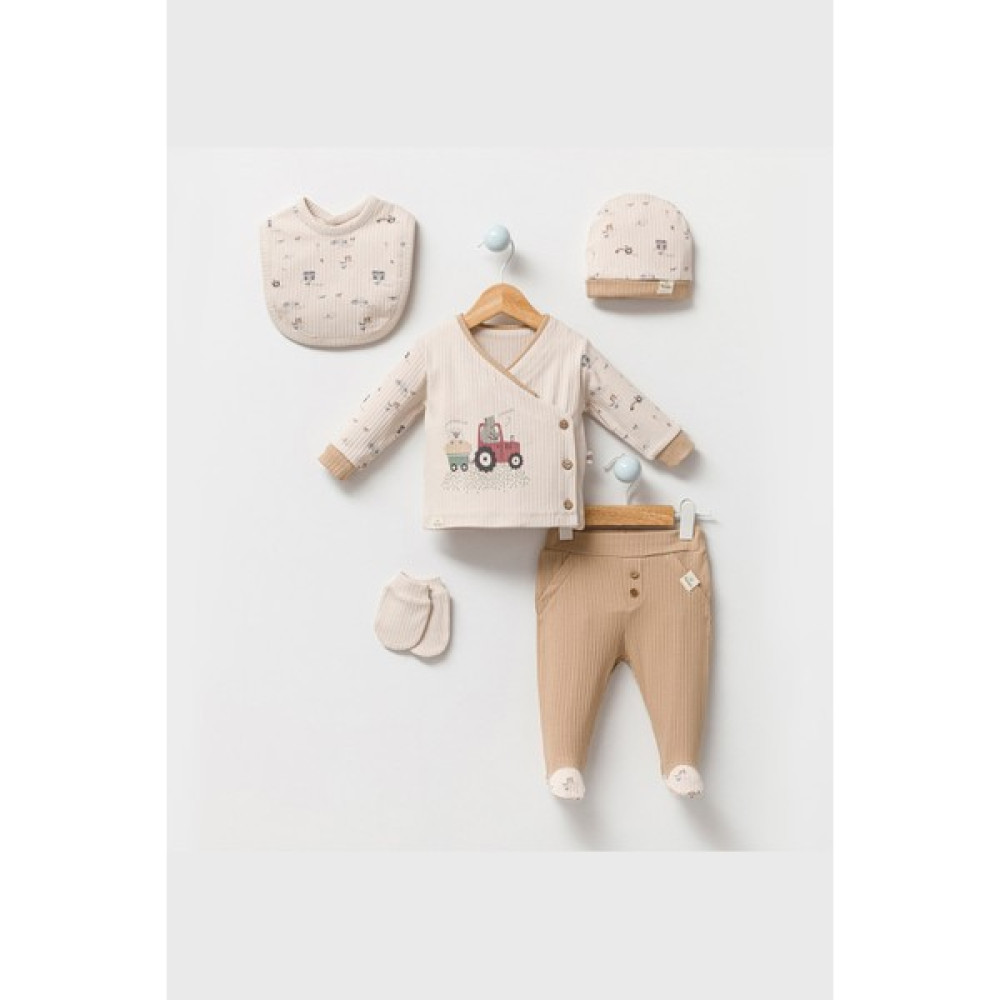 Modam Bebek By Bubbles Sevimli Çiftçi Desenli Erkek Bebek Hastane Çıkışı Takımı 5'li Set Yandan Düğmeli Fitilli Kumaş Bebek Hastane Çıkışı Fiyatı