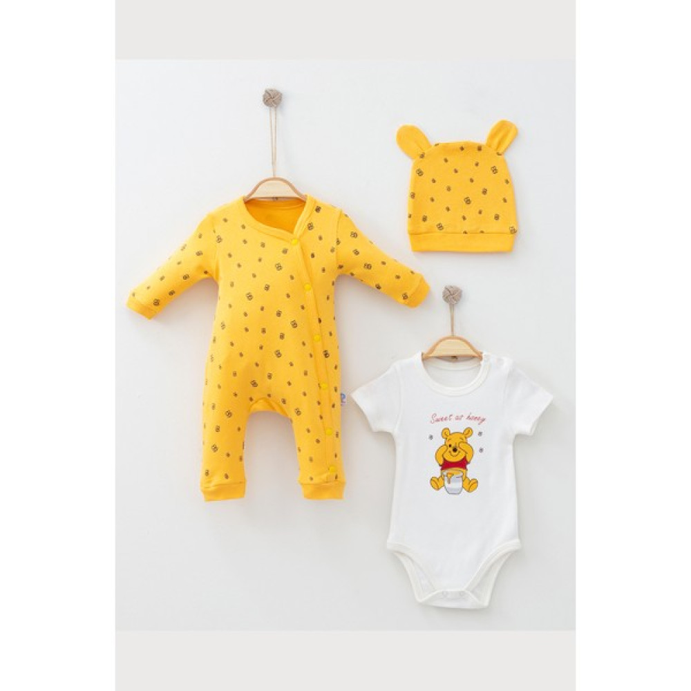 Modam Bebek Coşay Winnie Pooh Baskılı Şapkalı 3'lü Bodyli Bebek Tulum Bebek Tulumu Fiyatı
