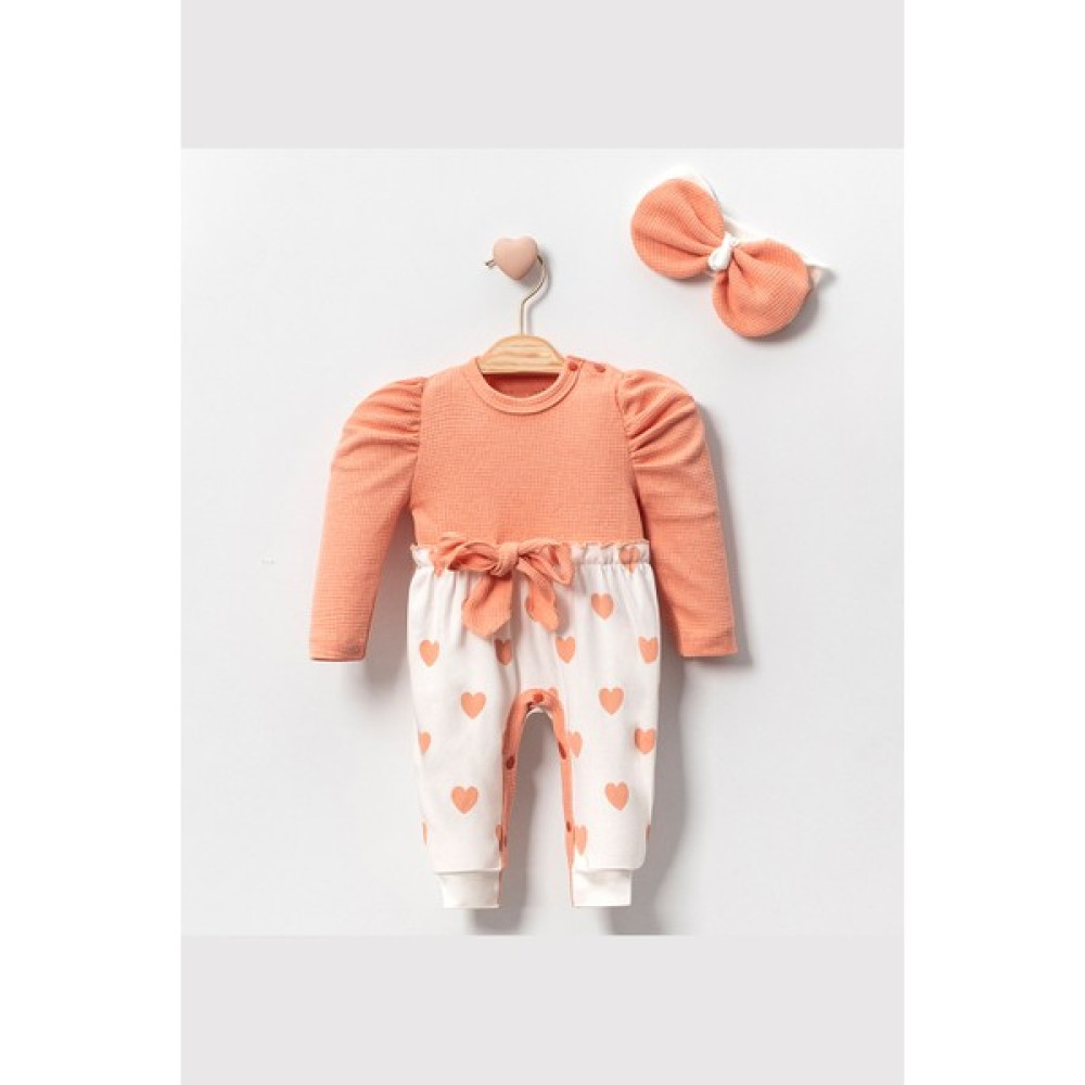 Modam Bebek Mini Cayzen Bandanalı Kalp Baskılı Omuzdan Çıtçıtlı Fitilli Kumaş Balon Kollu Kız Bebek Tulum Bebek Tulumu Fiyatı
