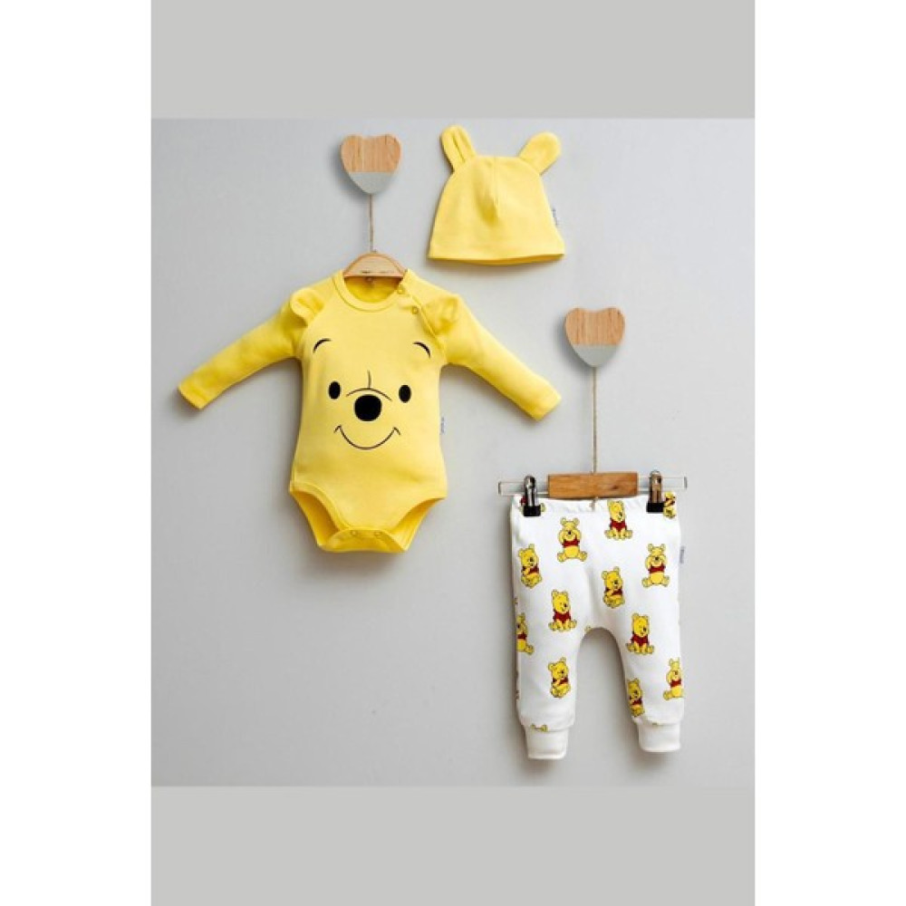 Modam Bebek Mini Cayzen Winnie Pooh Baskılı Kulak Detaylı 3'lü Erkek Bebek Takım Bebek Giysi Takım Fiyatı