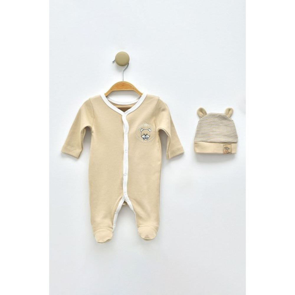 Modam Bebek Papyonlu Ayıcık Nakışlı Şapkalı Önden Çıtçıtlı Rahat Bebek Tulum Bebek Tulumu Fiyatı