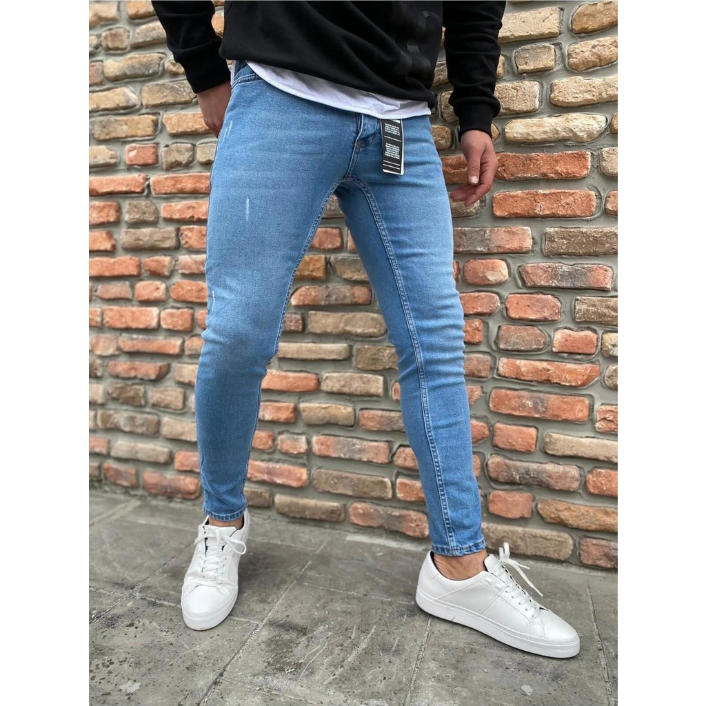 Modamesto Erkek Açık Mavi Slim Fit Lazerli Likralı Jean Pantolon Erkek Jeans / Kot Pantolon Fiyatı