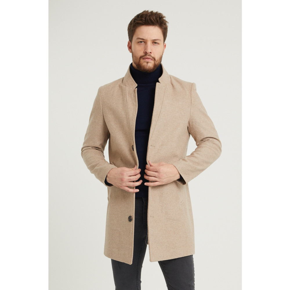 MODAMESTO Erkek Bej Slim Fit Dik Yaka Kaşe Kaban XL Beden Bayan Mont Fiyatı
