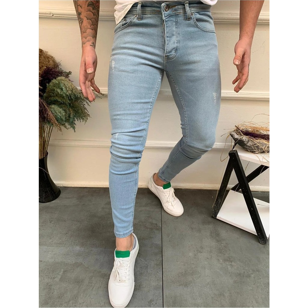 Modamesto Erkek Buz Mavi Slim Fit Lazerli Likralı Jean Pantolon Erkek Jeans / Kot Pantolon Fiyatı