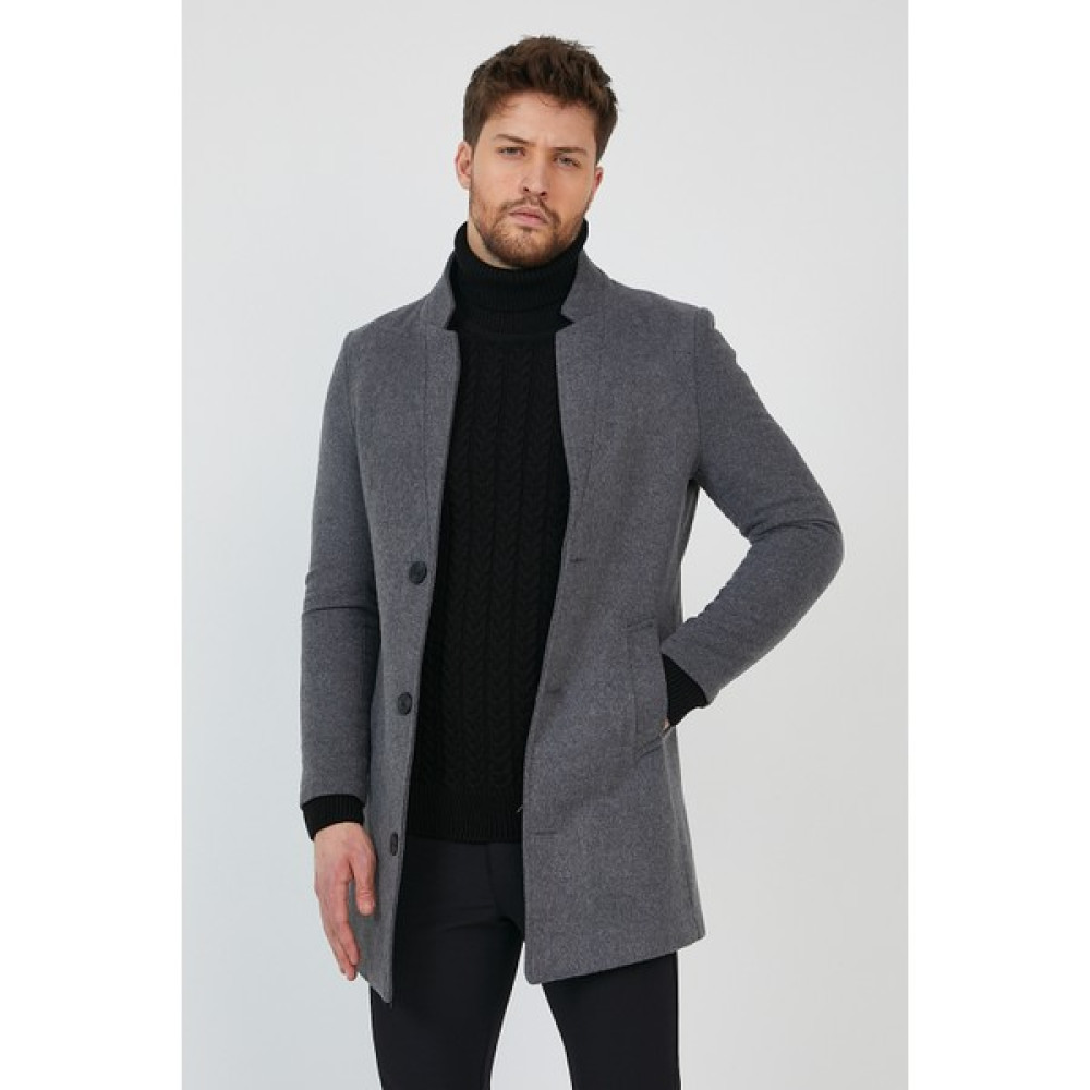 Modamesto Erkek Füme Slim Fit Dik Yaka Kaşe Kaban Erkek Mont Fiyatı