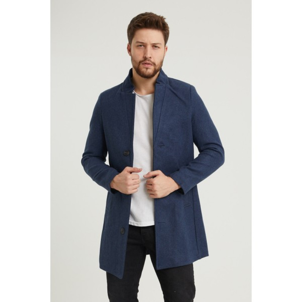 Modamesto Erkek Lacivert Slim Fit Dik Yaka Kaşe Kaban Erkek Mont Fiyatı