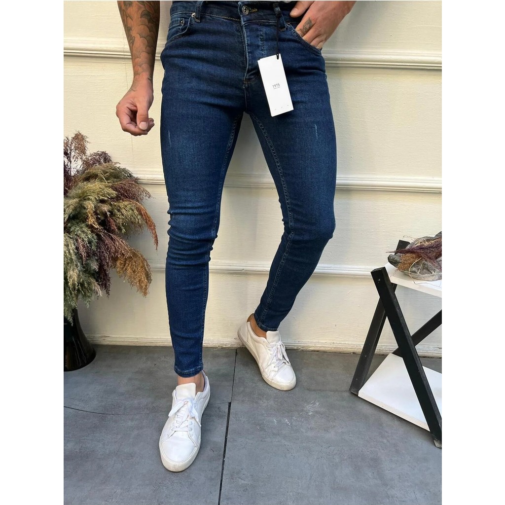 Modamesto Erkek Lacivert Slim Fit Lazerli Likralı Jean Pantolon Erkek Jeans / Kot Pantolon Fiyatı