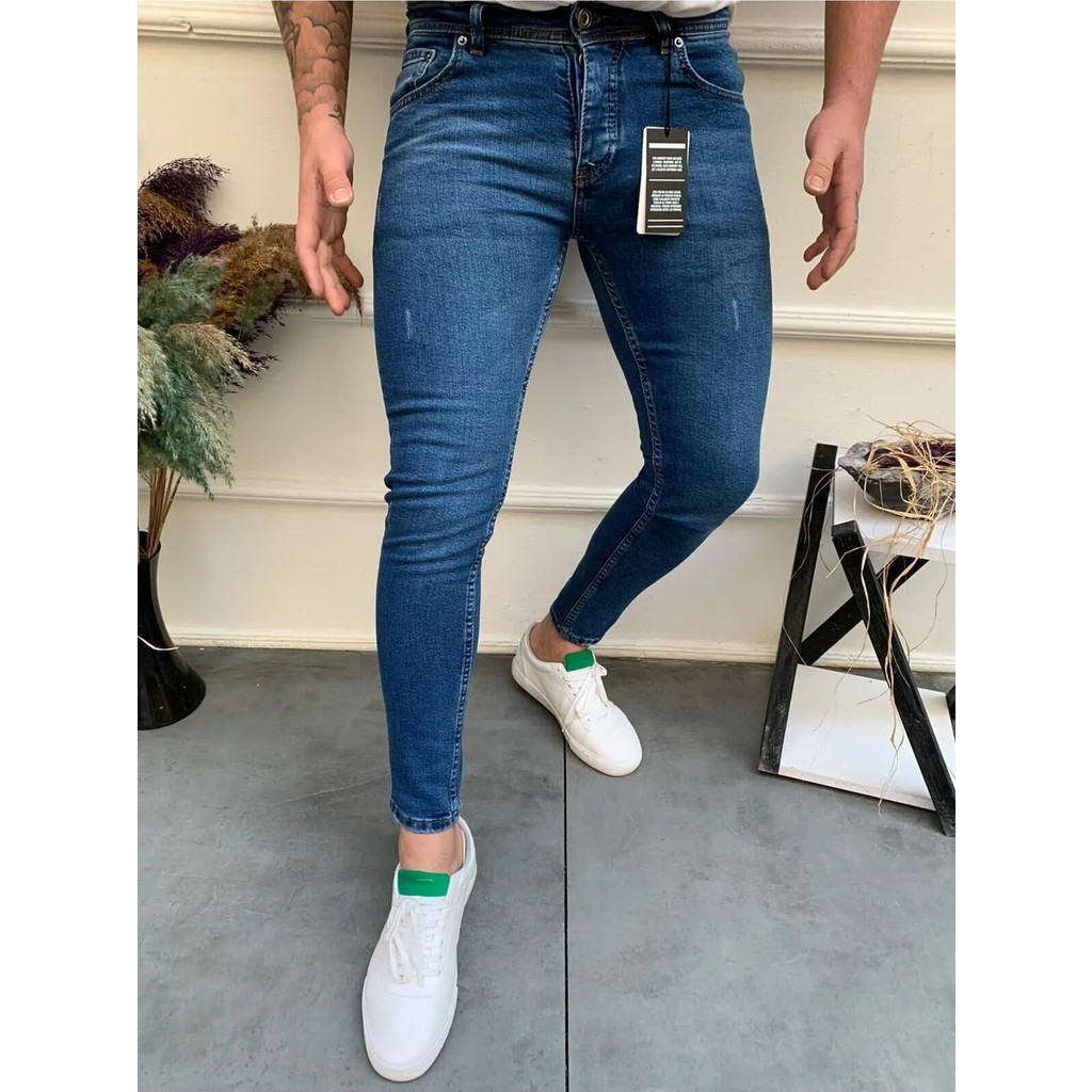 Modamesto Erkek Mavi Slim Fit Lazerli Likralı Jean Pantolon Erkek Jeans / Kot Pantolon Fiyatı