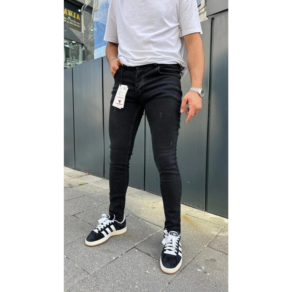 Modamesto Erkek Siyah Slim Fit Lazerli Likralı Jean Pantolon Erkek Jeans / Kot Pantolon Fiyatı