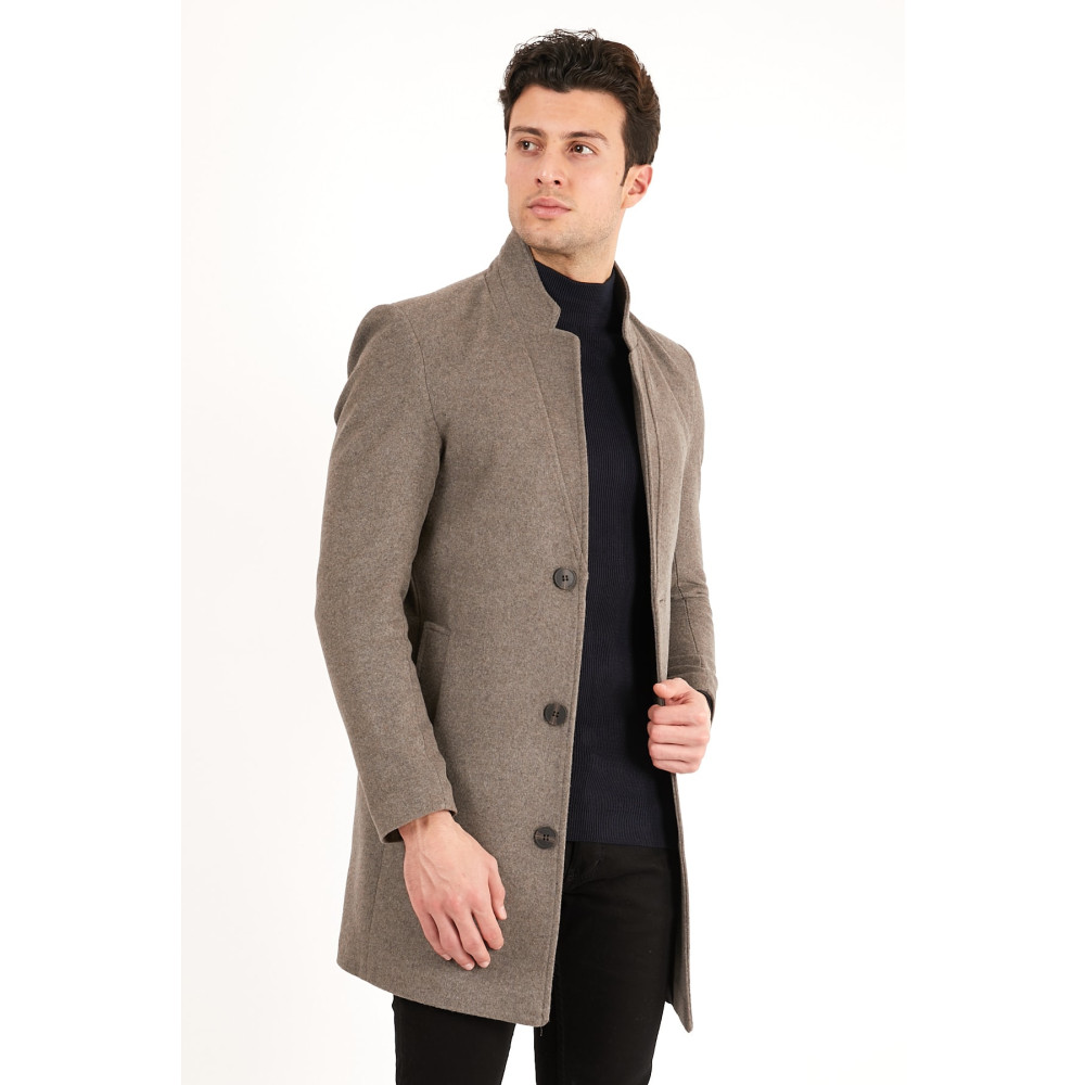 MODAMESTO Erkek Vizon Slim Fit Dik Yaka Kaşe Kaban XS Beden Bayan Mont Fiyatı