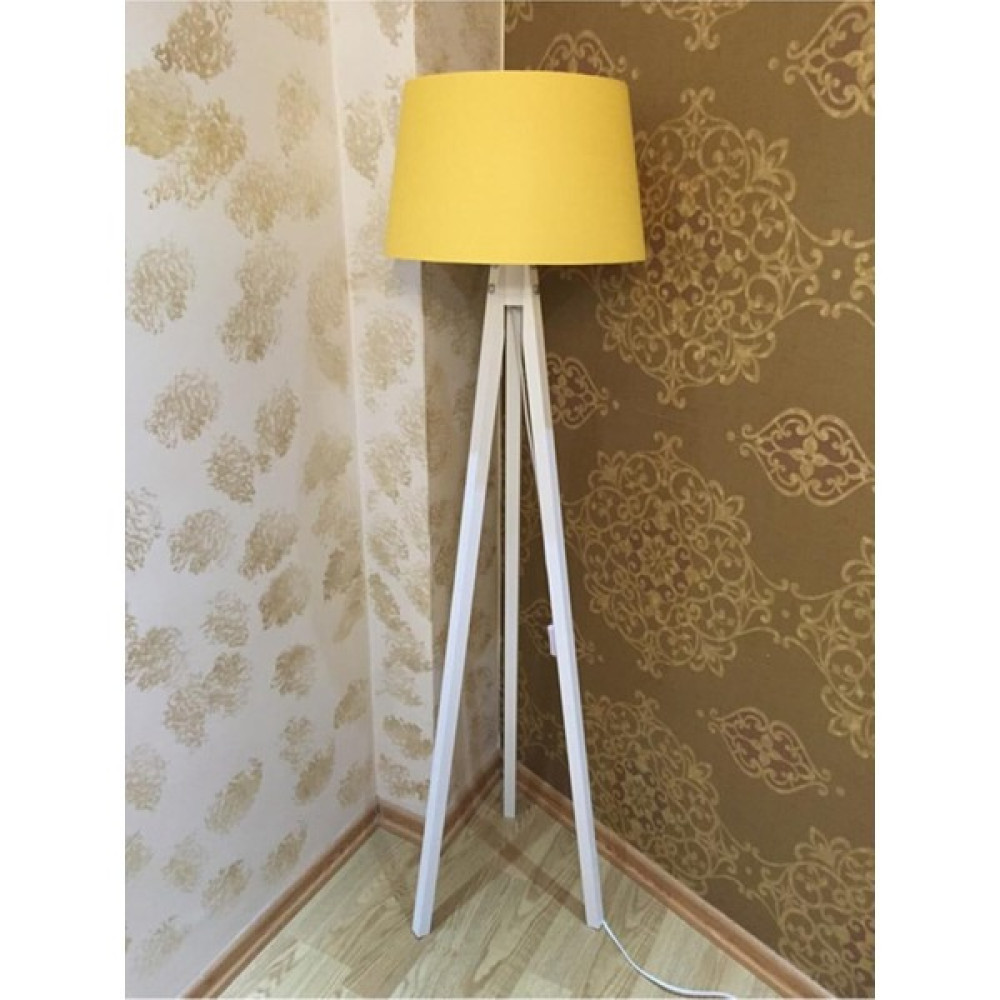 Modamvip 3 Ayaklı Lambader Ahşap Abajur Tripod Lamba Kumaş Konik Başlık Sarı Beyaz - Renkli Lambader Fiyatı