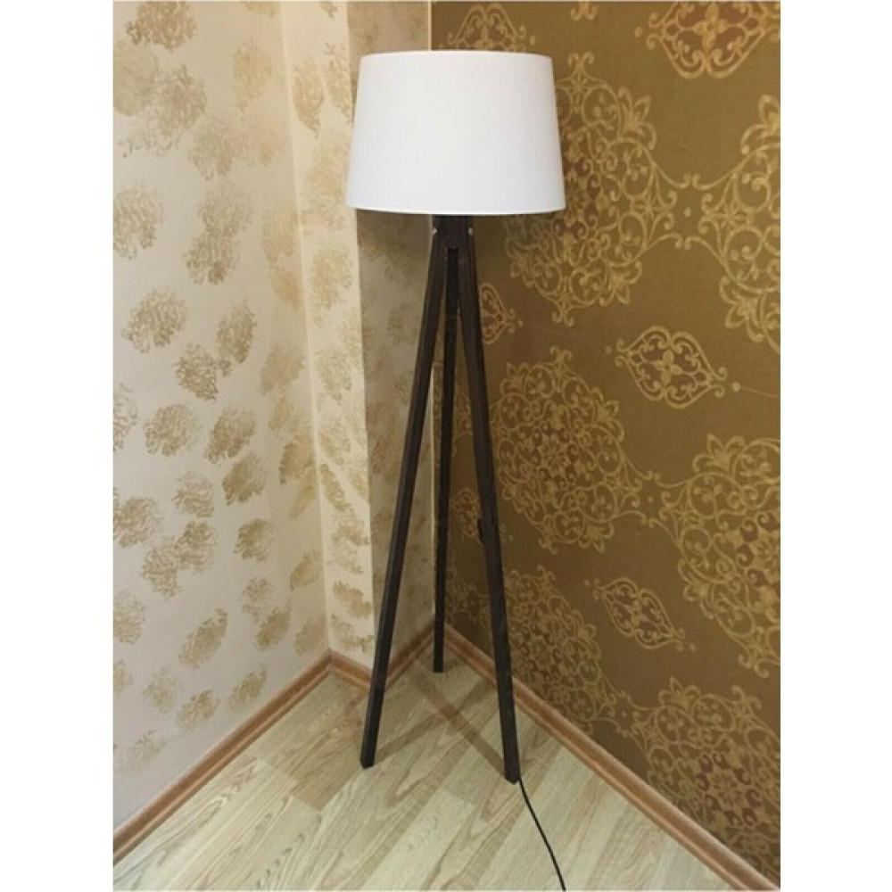 Modamvip Ahşap Lambader 3 Ayaklı Abajur Tripod Lamba Kumaş Konik Başlık Beyaz Kahverengi Ayak - Renkli Lambader Fiyatı