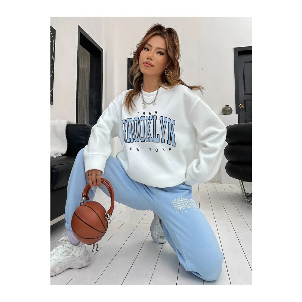 MODARİCH 1898 Brooklyn Bebe Mavisi Jogger Beyaz Sweatshirt Alt Üst Eşofman Takımı Oversize Bisiklet Yaka L Beden Kadın Eşofman Fiyatı