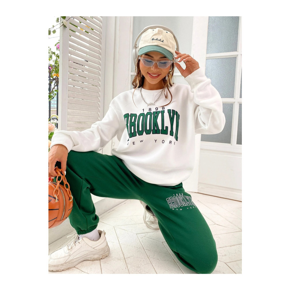 MODARİCH 1898 Brooklyn Yeşil Jogger Beyaz Sweatshirt Alt Üst Eşofman Takımı Oversize Bisiklet Yaka M Beden Kadın Eşofman Fiyatı