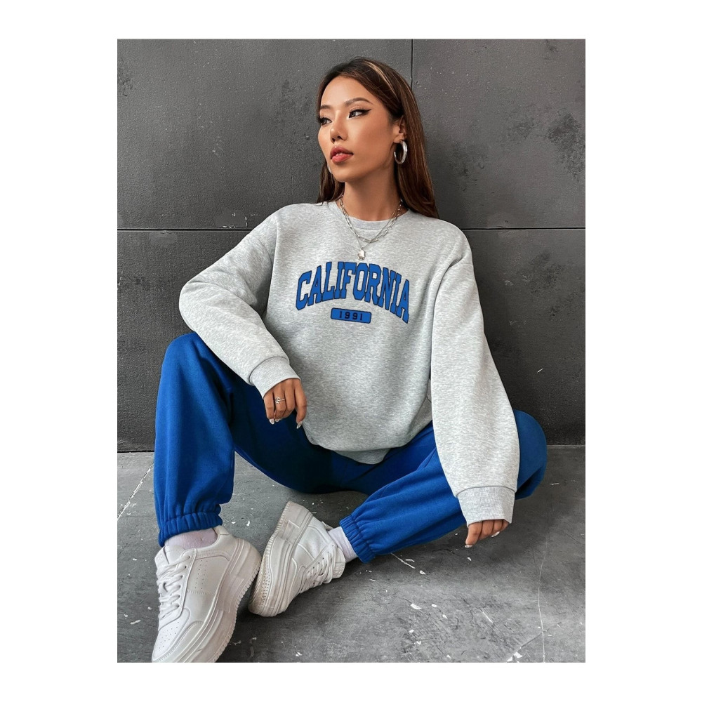 MODARİCH California 1991 Sax Mavi Jogger Gri Sweatshirt Alt Üst Eşofman Takımı Oversize Bisiklet Yaka XL Beden Kadın Eşofman Fiyatı
