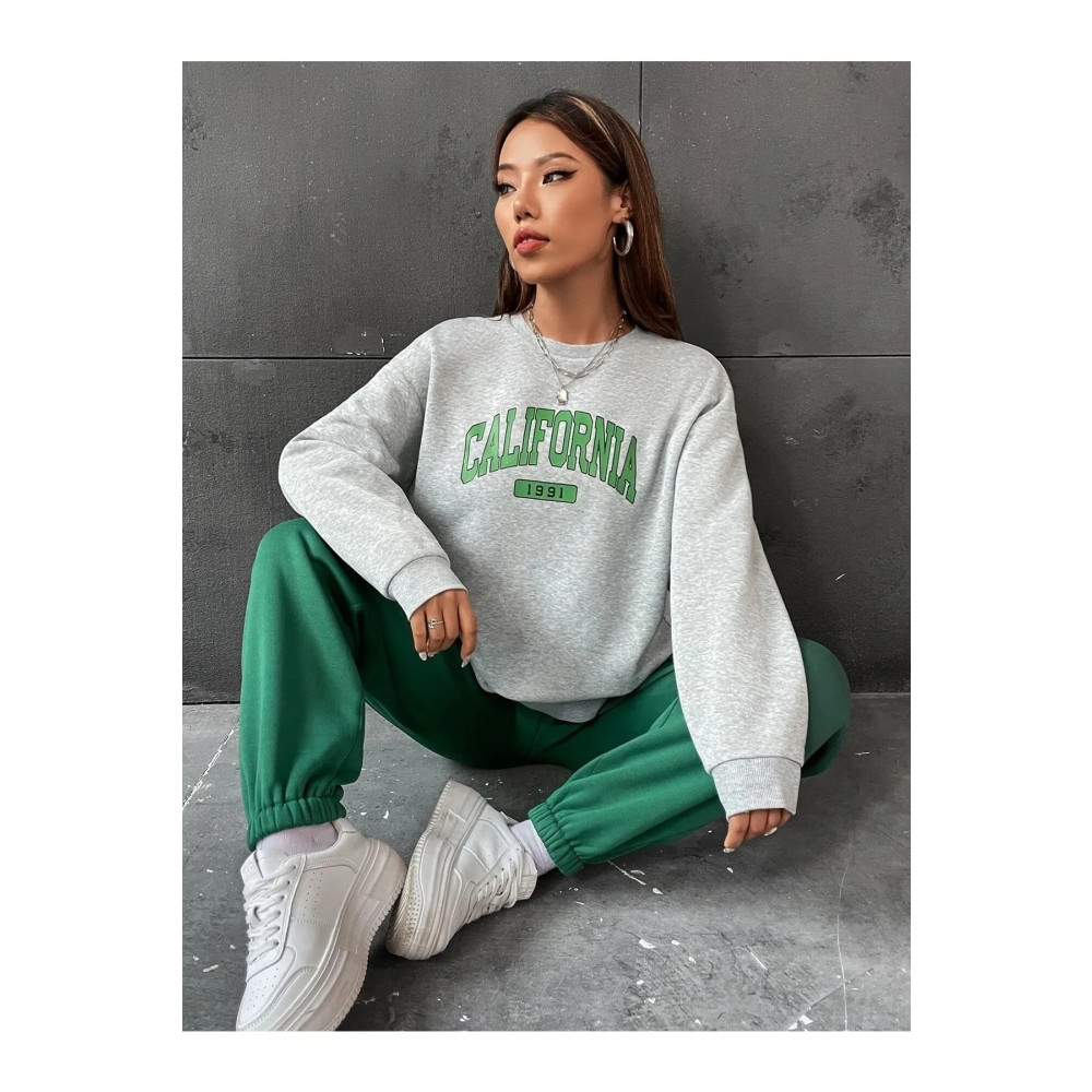 MODARİCH California 1991 Yeşil Jogger Gri Sweatshirt Alt Üst Eşofman Takımı Oversize Bisiklet Yaka XL Beden Kadın Eşofman Fiyatı