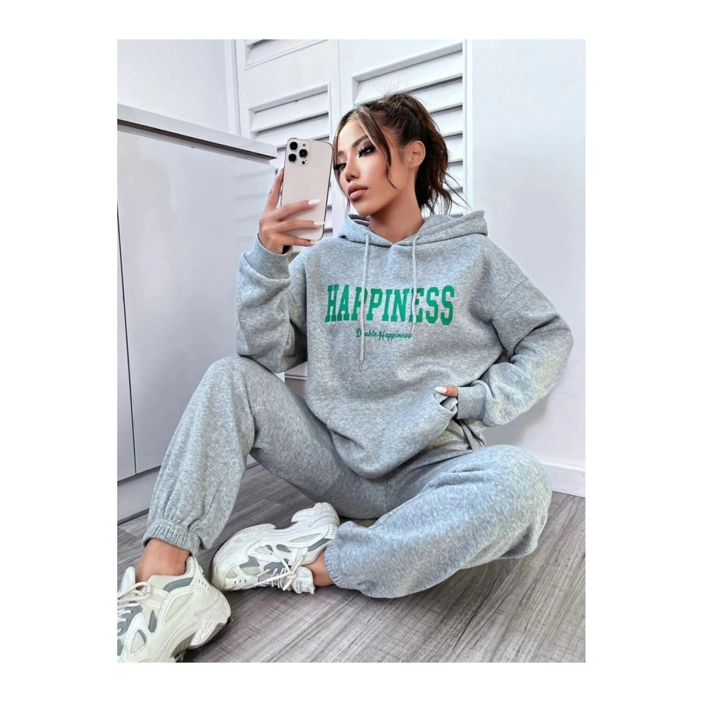 MODARİCH Kadın Gri Happiness Alt Üst Eşofman Takımı Oversize Kapüşonlu XL Beden Kadın Eşofman Fiyatı