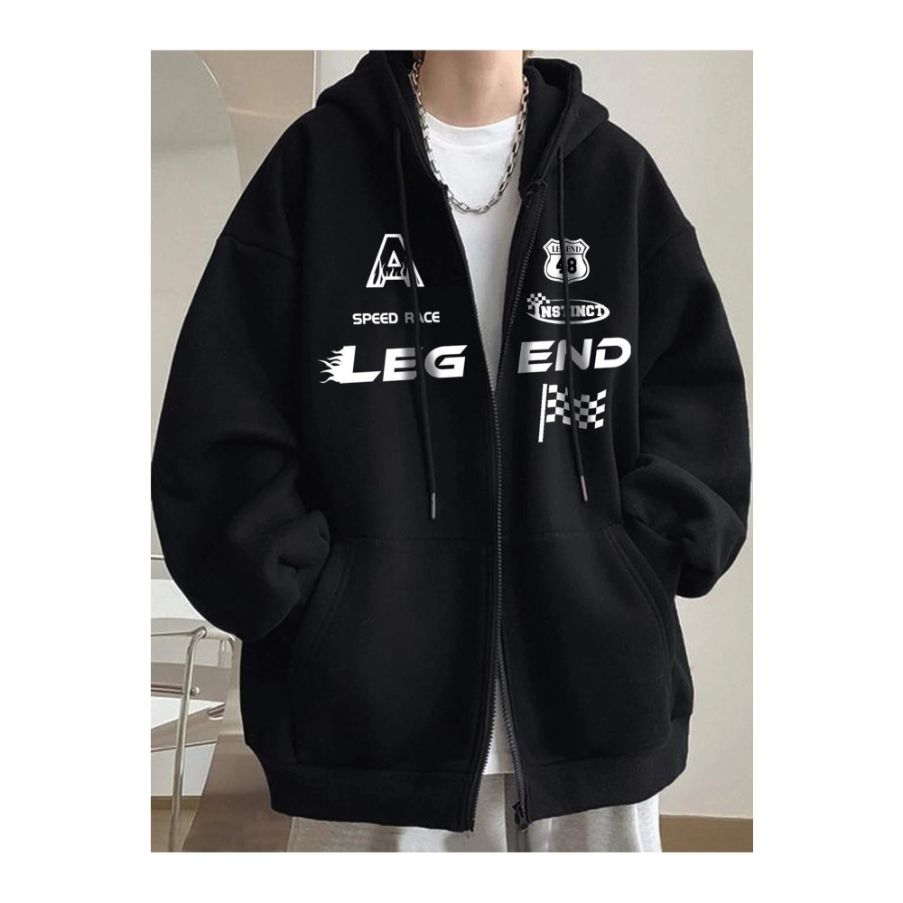 MODARİCH Legend Hırka - Siyah Baskılı Kışlık Oversize Kapüşonlu Fermuarlı Cep Detaylı Hırka L Beden Kadın Hırka Fiyatı