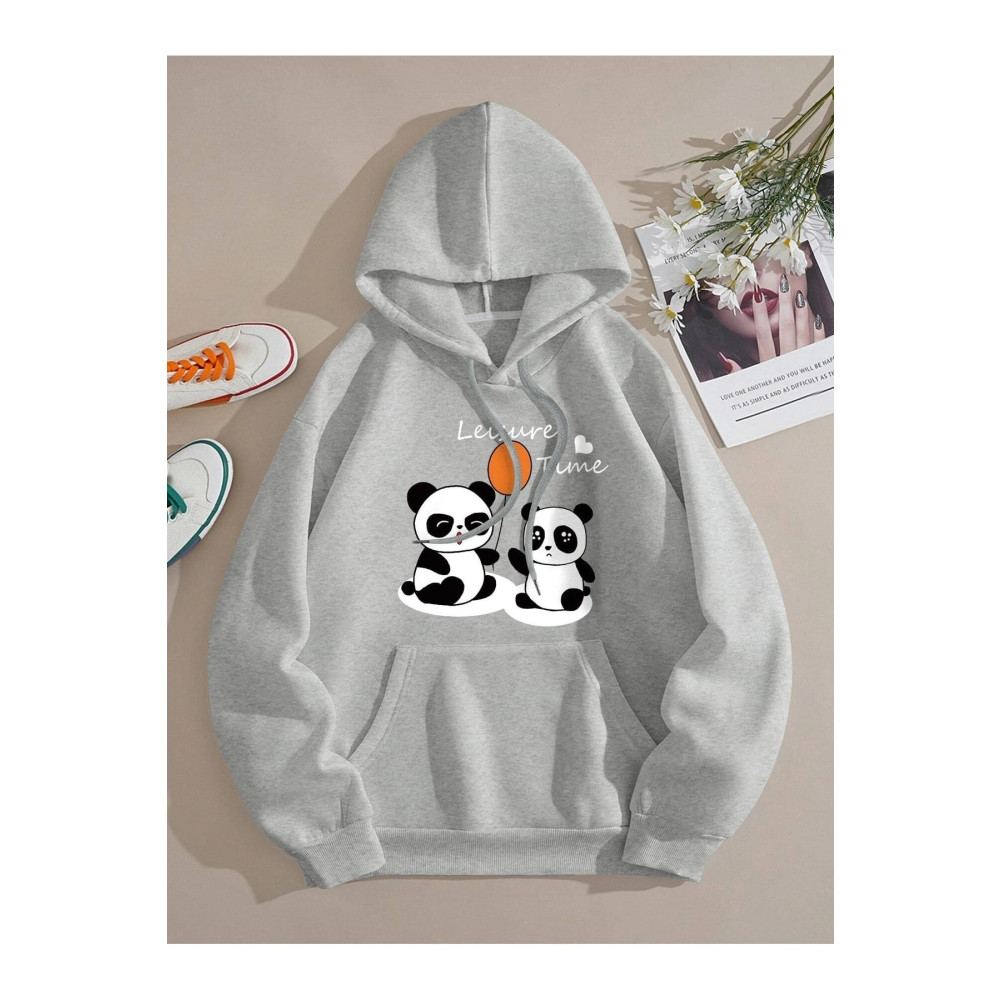 MODARİCH Panda Balon Sweatshirt - Gri Baskılı Oversize Şardonlu Kapüşonlu XL Beden Bayan Sweatshirt Fiyatı